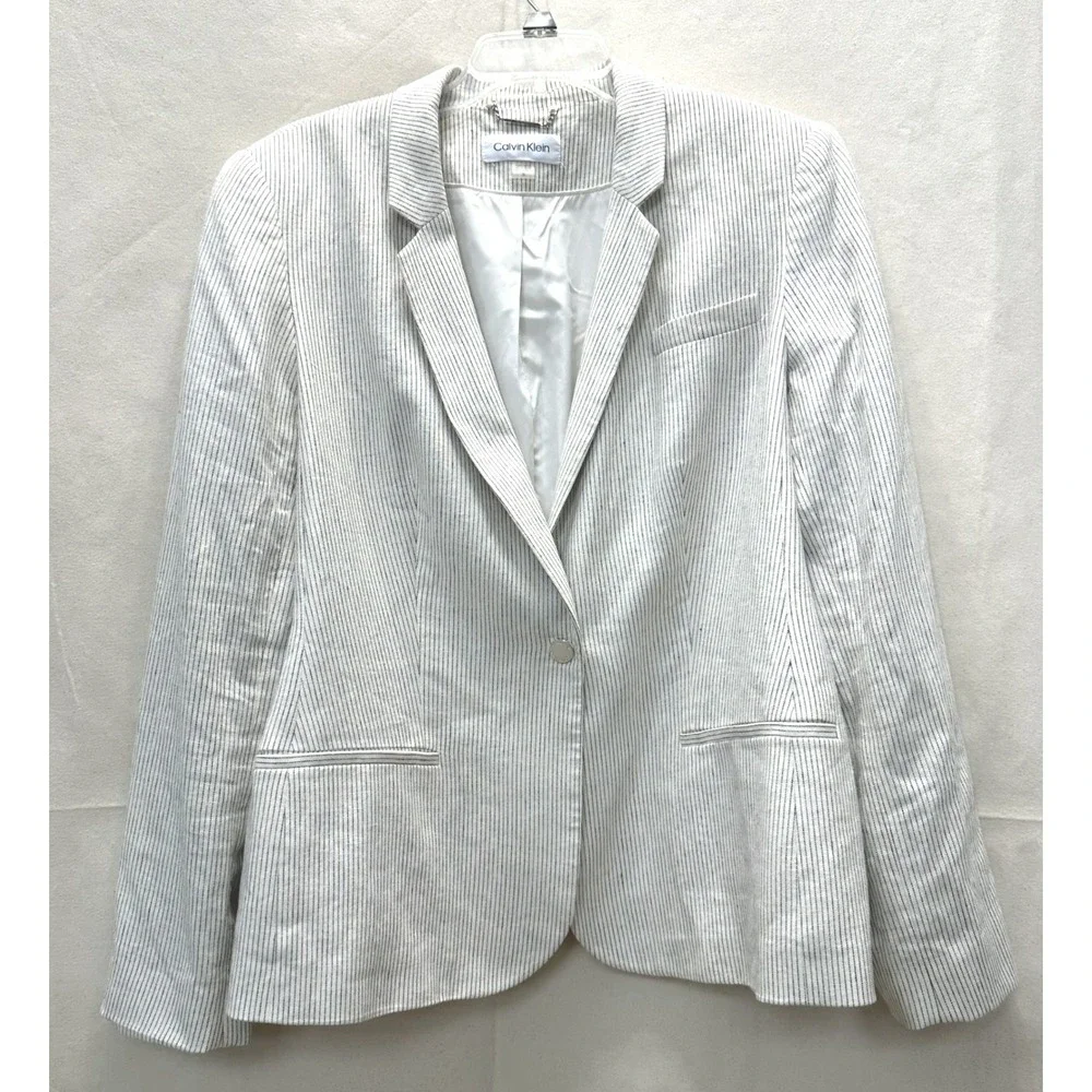 Calvin Klein Minimalist Clean Girl Pinstripe Linen Blend Blazer Cream Womens 16